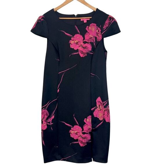 Betsy Johnson Dress Size 14 Black Floral Sheath Front Slit Scuba Cap Sleeve - Picture 3 of 11